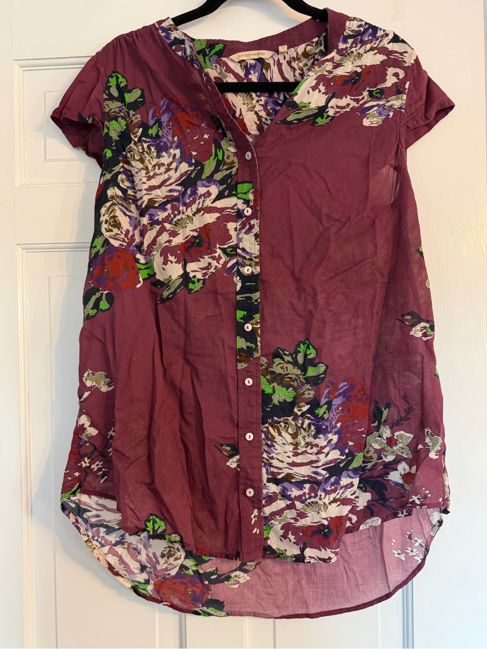 SOFT SURROUNDINGS Cotton Bouquet Of Roses Purple Cap Sleeve Tunic Size Medium